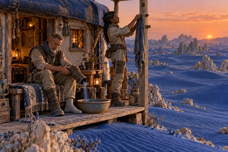 Two human travelers settle on a felt-roofed cabin porch beside cobalt dunes at sunset. One hangs cloth while the seated companion empties blue sand from a removed boot, with a socked foot on the floor.