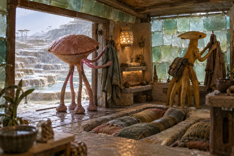 Two long-legged alien explorers hang wet capes inside a glass-tiled hut above silver rainwater terraces. A warm drying shelf and long padded floor rests wait inside.