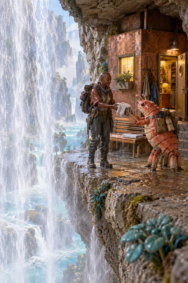 A human explorer passes a folded towel to a coral many-legged alien outside a copper hut on a dry canyon ledge, beside a tall silver waterfall and turquoise pools.