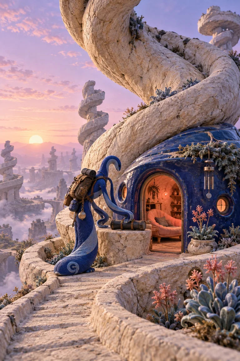 A cobalt ribbon-bodied traveler lowers a cylindrical map case beside a glazed blue cabin nestled in a huge pale spiral rock column under a lavender sunrise.