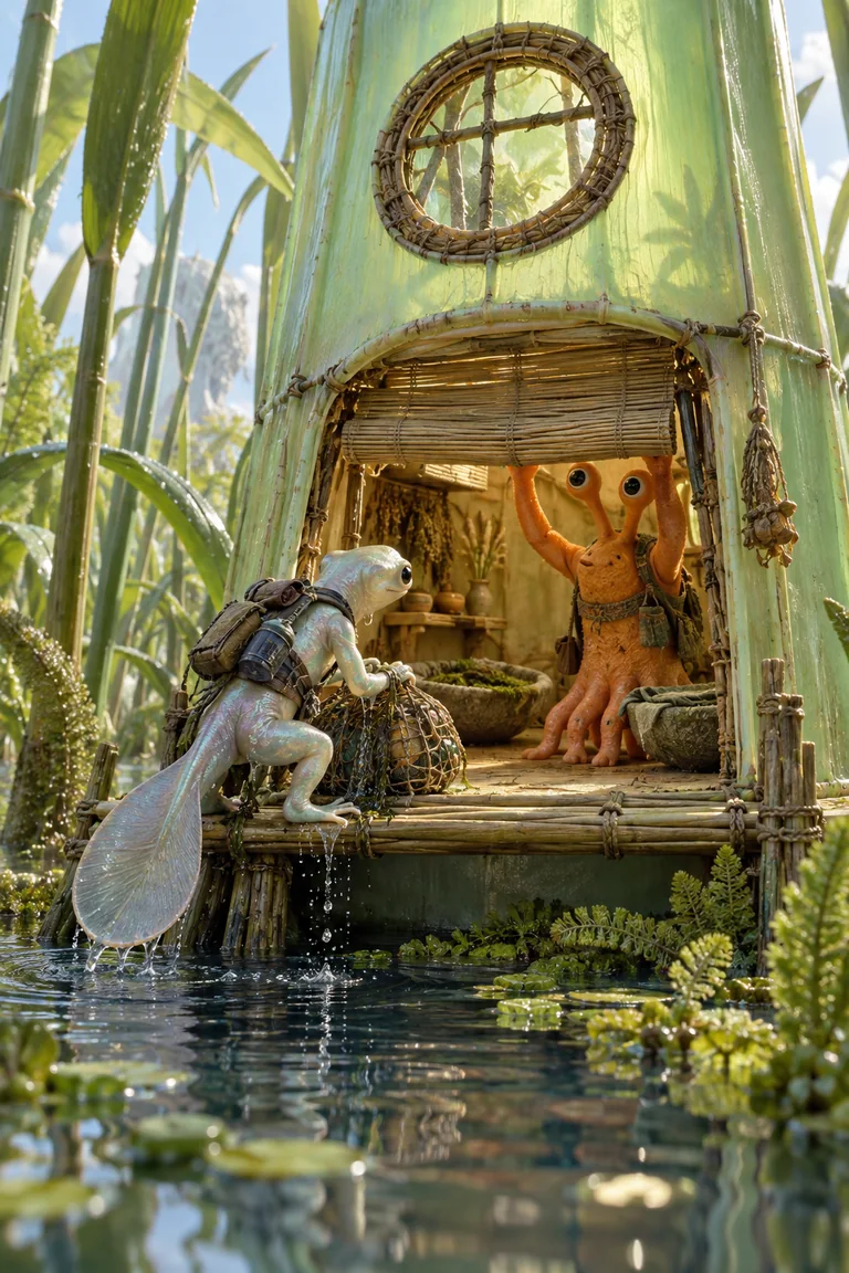 A pearly aquatic traveler lifts a netted satchel onto the landing of a hollow green reed house while an orange tentacled companion raises the woven doorway blind.