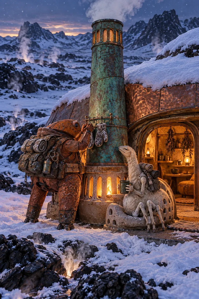 A rust-colored explorer hangs snowy mitts beside a tall copper chimney while a pale many-legged companion rests against its warm ceramic base outside a hut in a volcanic snowfield.