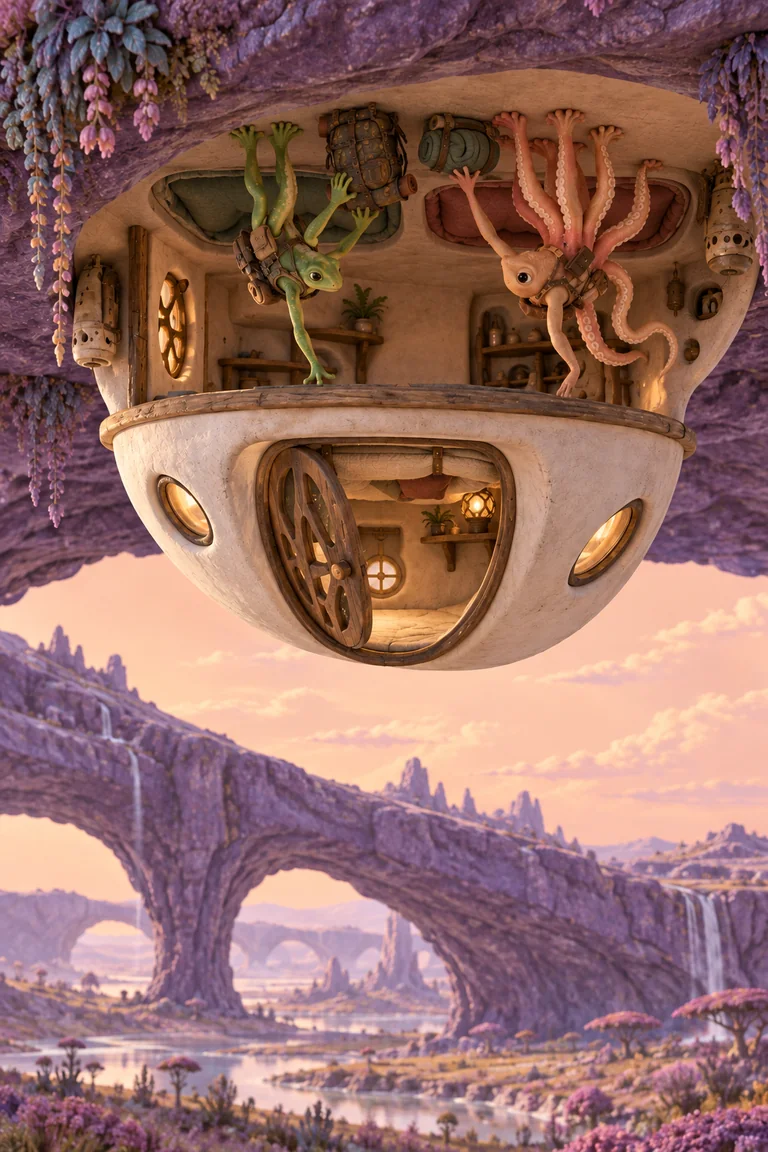 Two explorers stand upside down beneath a violet stone arch, placing a pack and rolled mat against the upper floor of a suspended white hut with ceiling-mounted sleeping hollows.
