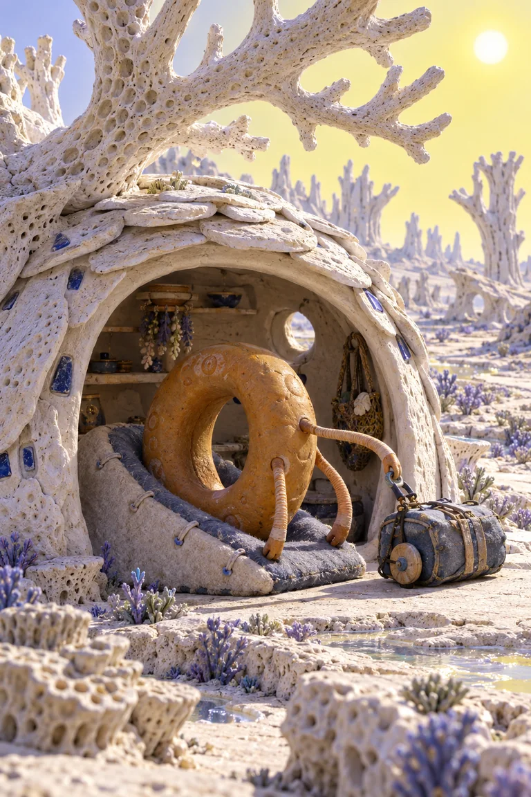 An ochre ring-shaped alien rests in a padded cradle and unhooks its travel bag inside a pale fossil-plate hut beneath branching white coral towers and a lemon sky.