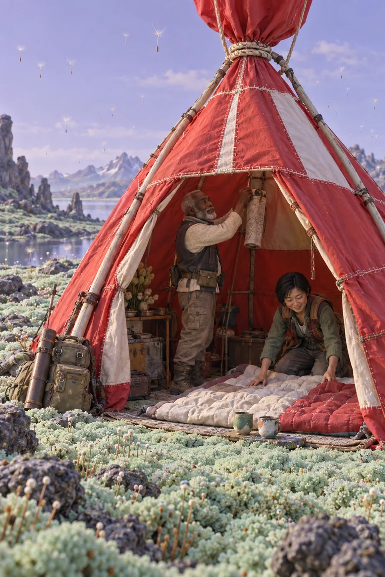 Two human explorers settle in a red-and-white hut sewn from a survey-balloon envelope: one hangs a rolled chart while the other spreads a quilt beside two cups.