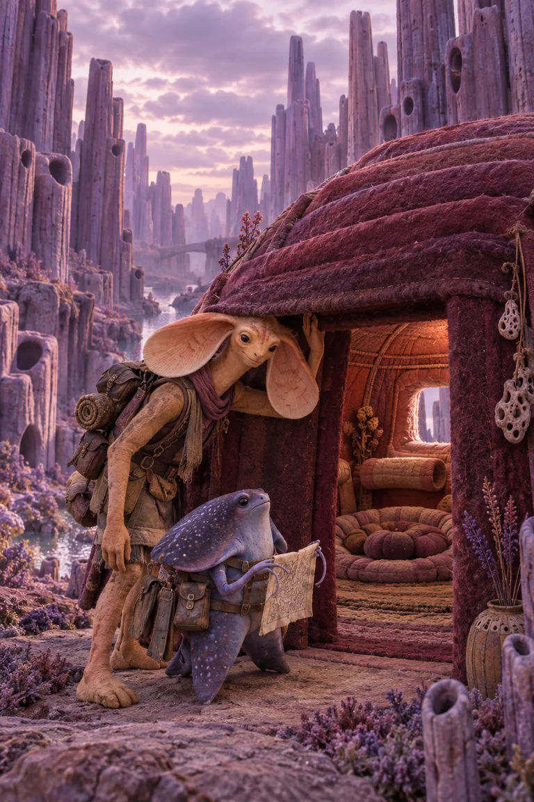 A tall apricot explorer with enormous soft ears ducks under a maroon felt doorway while an indigo ray-shaped companion holds a folded map among purple hollow stone pillars.