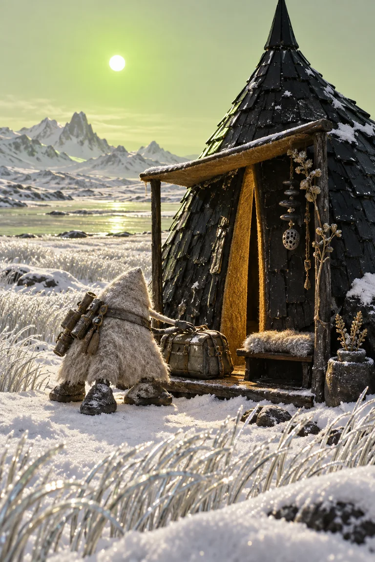 A triangular fleece-covered alien with broad feet lowers a bag onto the porch of a black-shingled hut under a pale green sun, surrounded by silver grass and snow.
