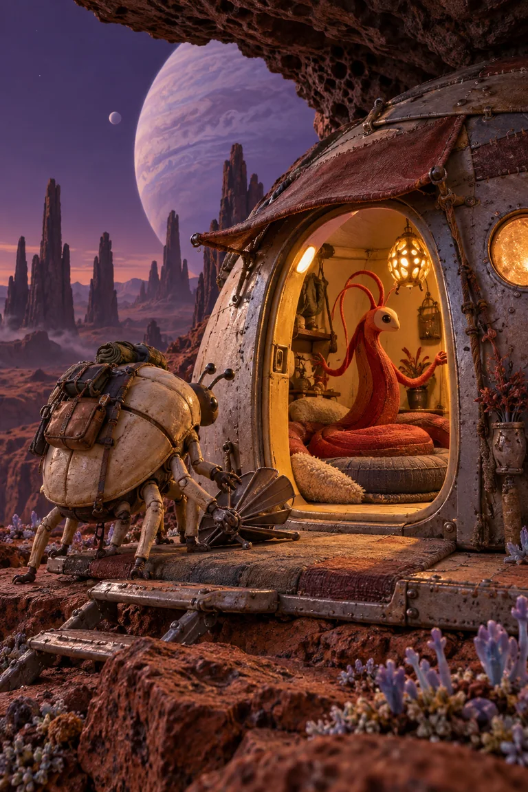 A cream beetle-like explorer sets down a folded antenna outside a patched metal hut while a vermilion ribbon-bodied companion rests on a round cushion inside; a lavender planet rises above rust-colored pillars.