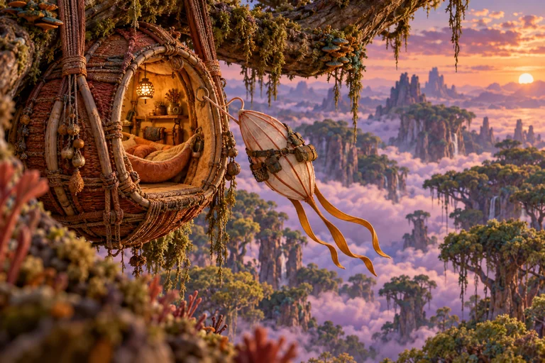 A ribbon-bodied floating alien with an expedition harness reaches a glowing woven pod suspended among trees above a lavender cloud forest.