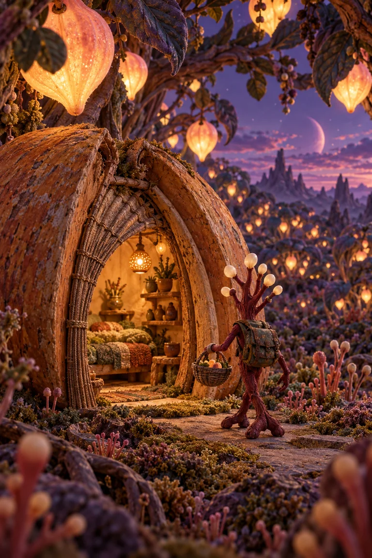 A tiny branching alien carries a basket into a hut woven inside a huge seed husk in a glowing orchard.