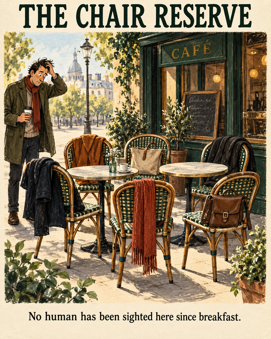 A lone coffee drinker stands beside six empty cafe chairs occupied by coats, bags and a scarf.