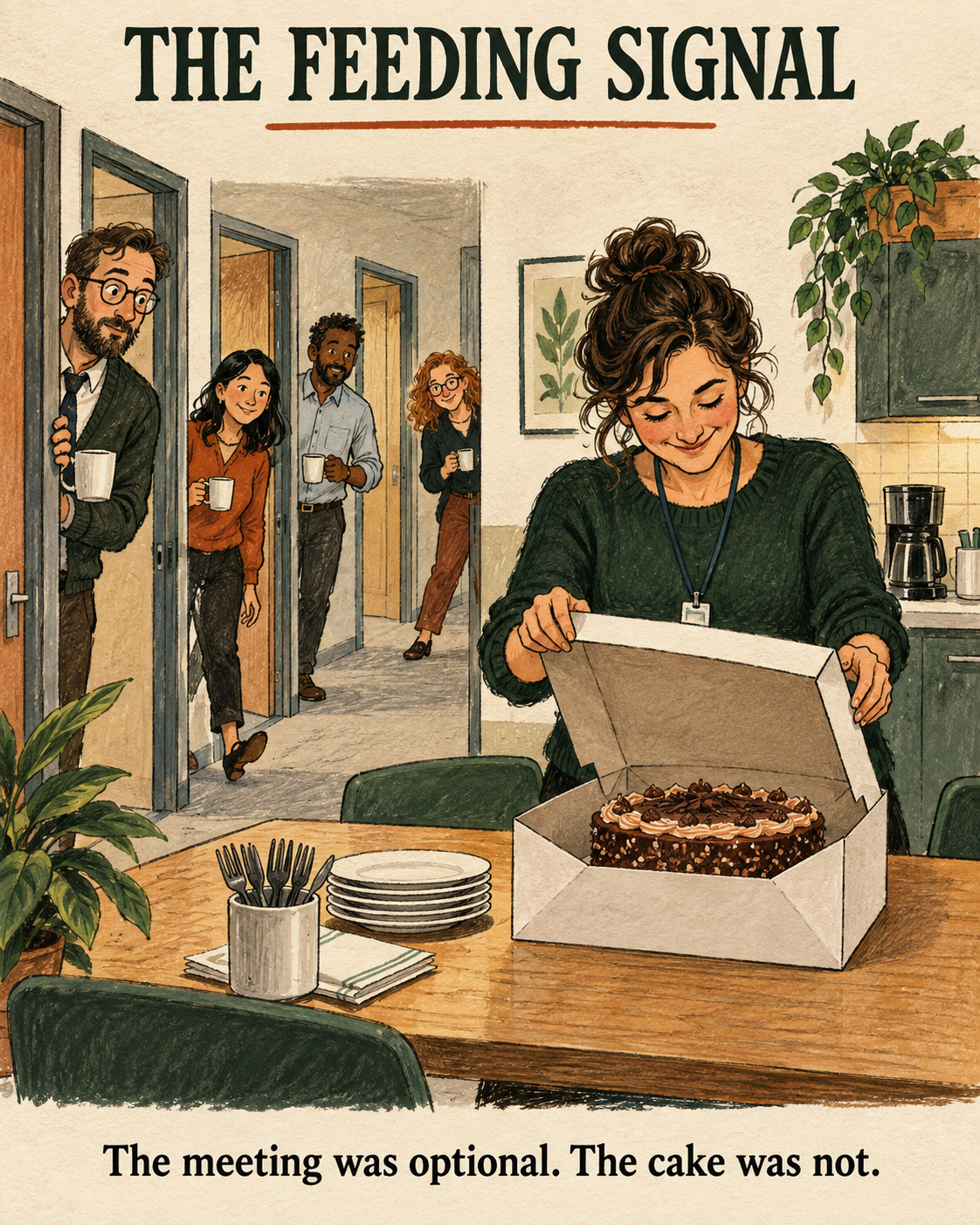 Four office colleagues emerge from doorways as someone opens a cake box in the kitchen.