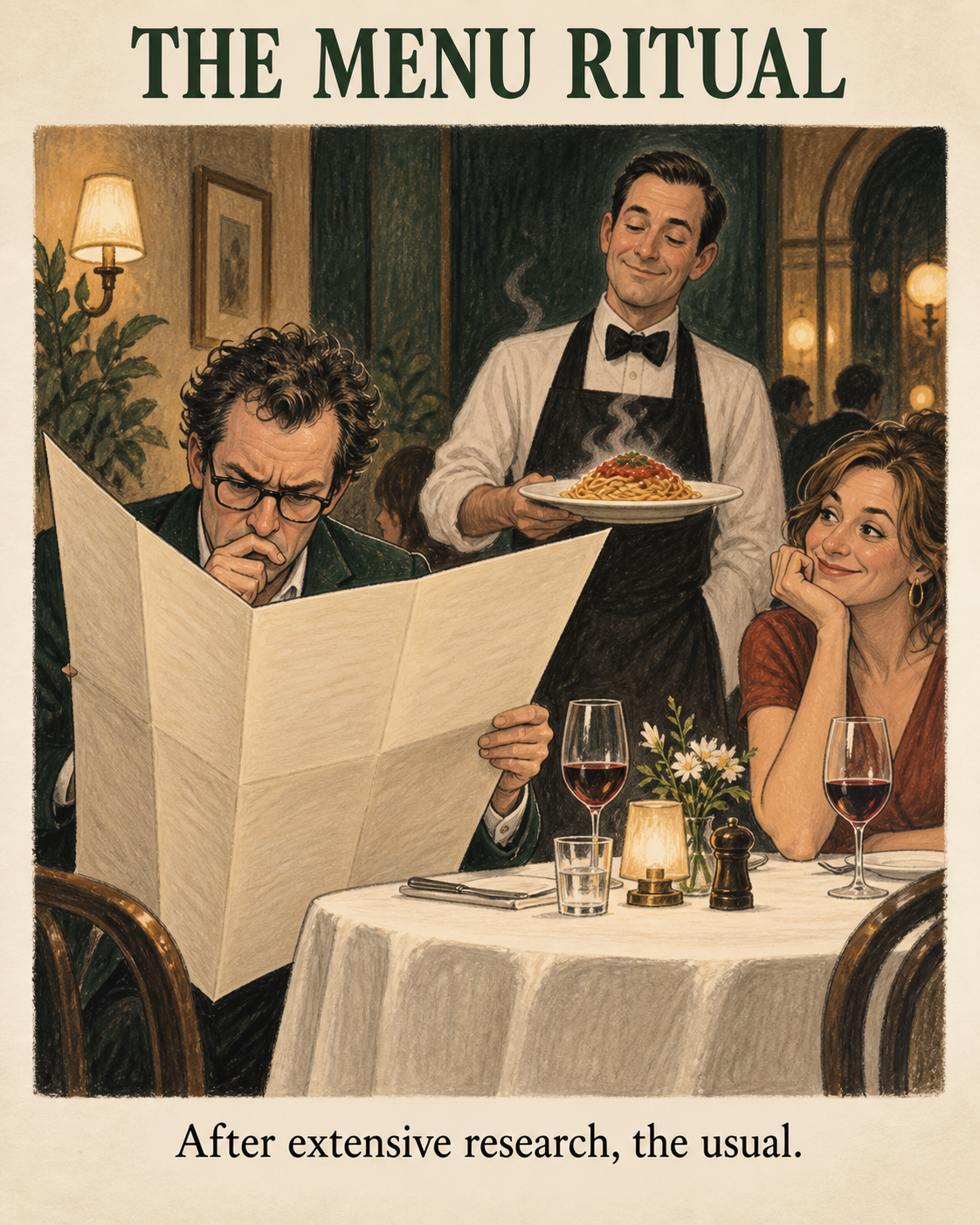 A diner studies an enormous menu while the waiter already brings a plate of spaghetti.