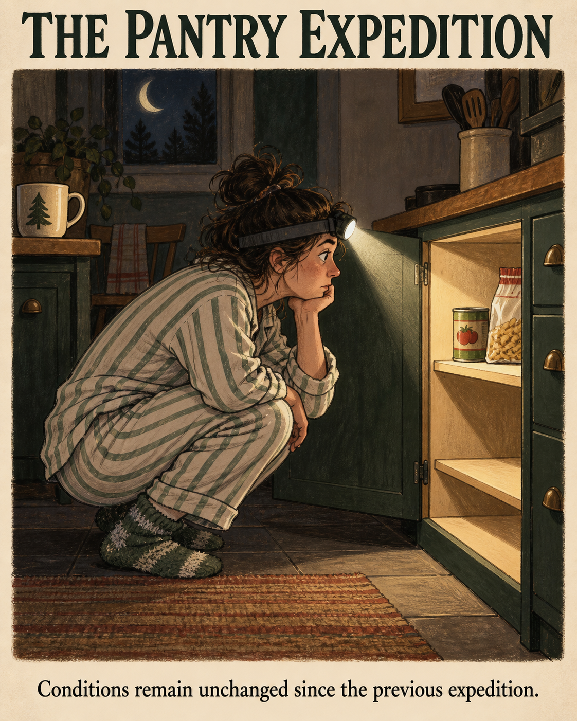 A person in pyjamas uses a headlamp to inspect a cupboard containing a tin and pasta.