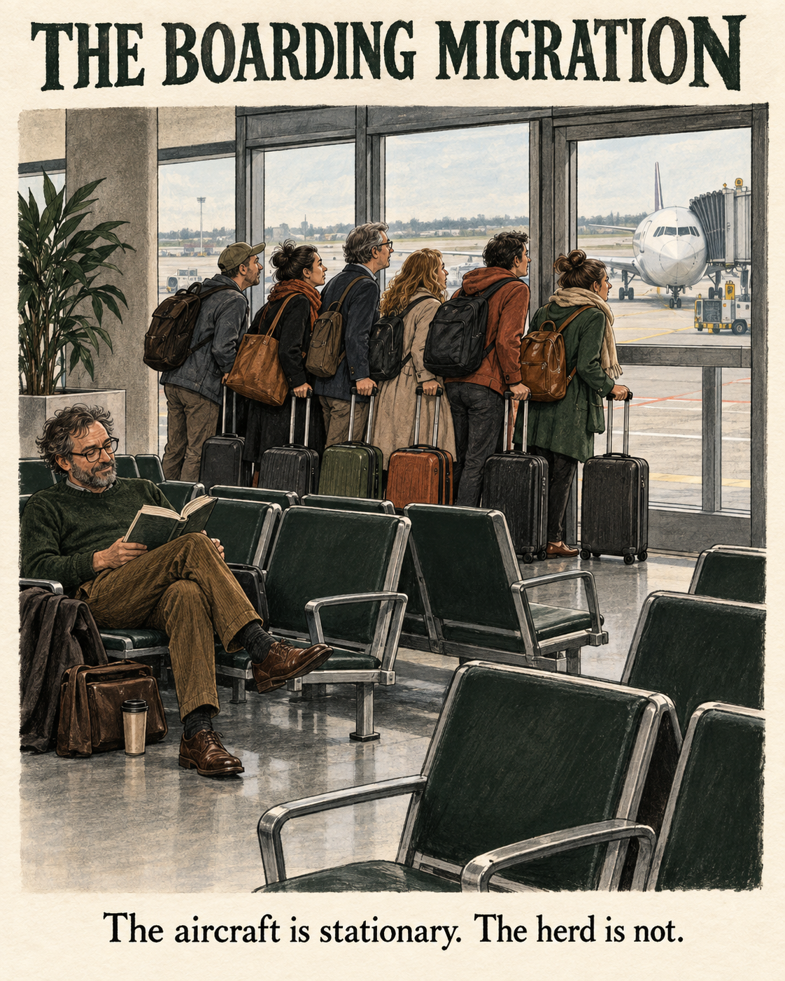 The Boarding Migration Travellers stand clustered at a closed airport gate while many chairs remain empty.