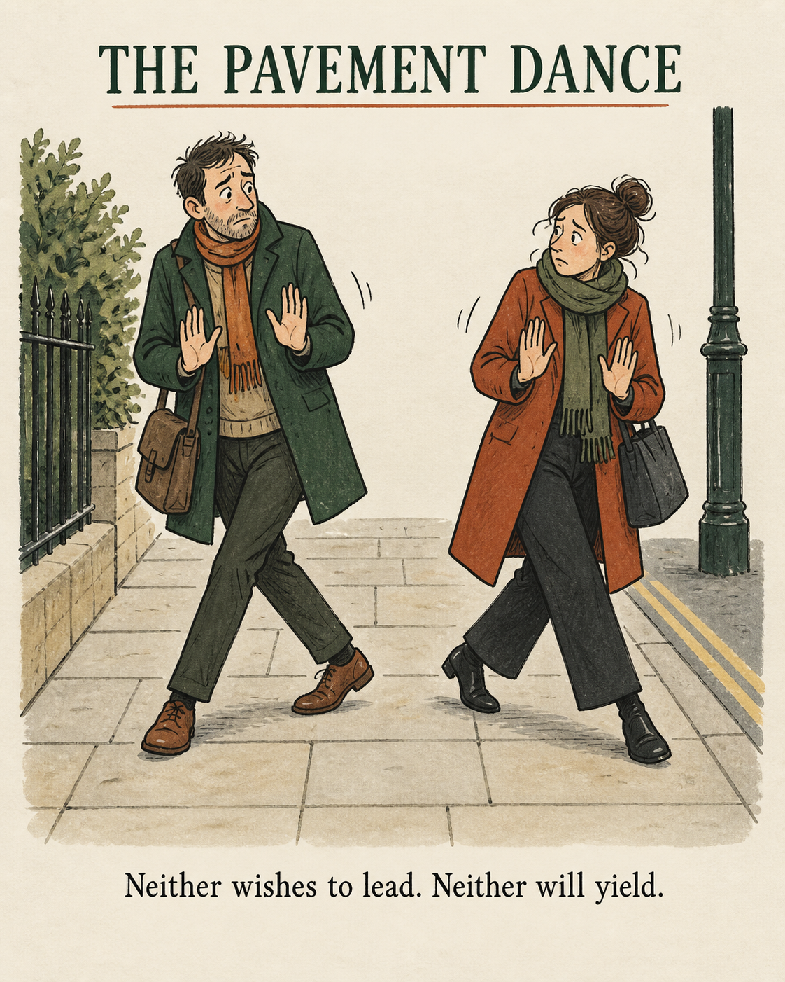 Two strangers mirror each other's sidesteps on an empty pavement, palms raised apologetically.