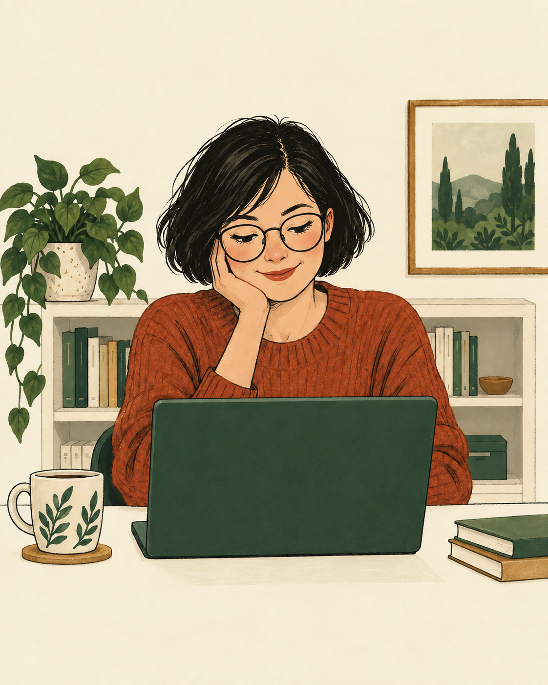 A woman on a laptop call sits before a tidy bookcase and plant.