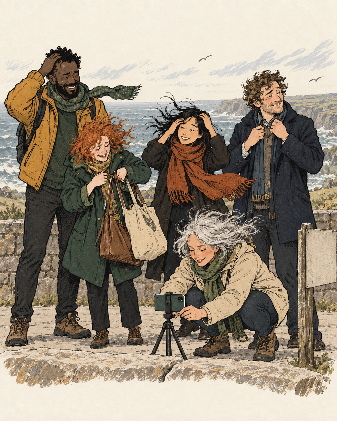 Five friends battle wind and bags while setting a phone timer at a seaside viewpoint.