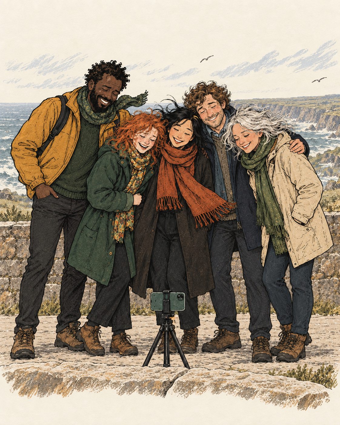 The same five friends briefly pose together, smiling for the phone camera.