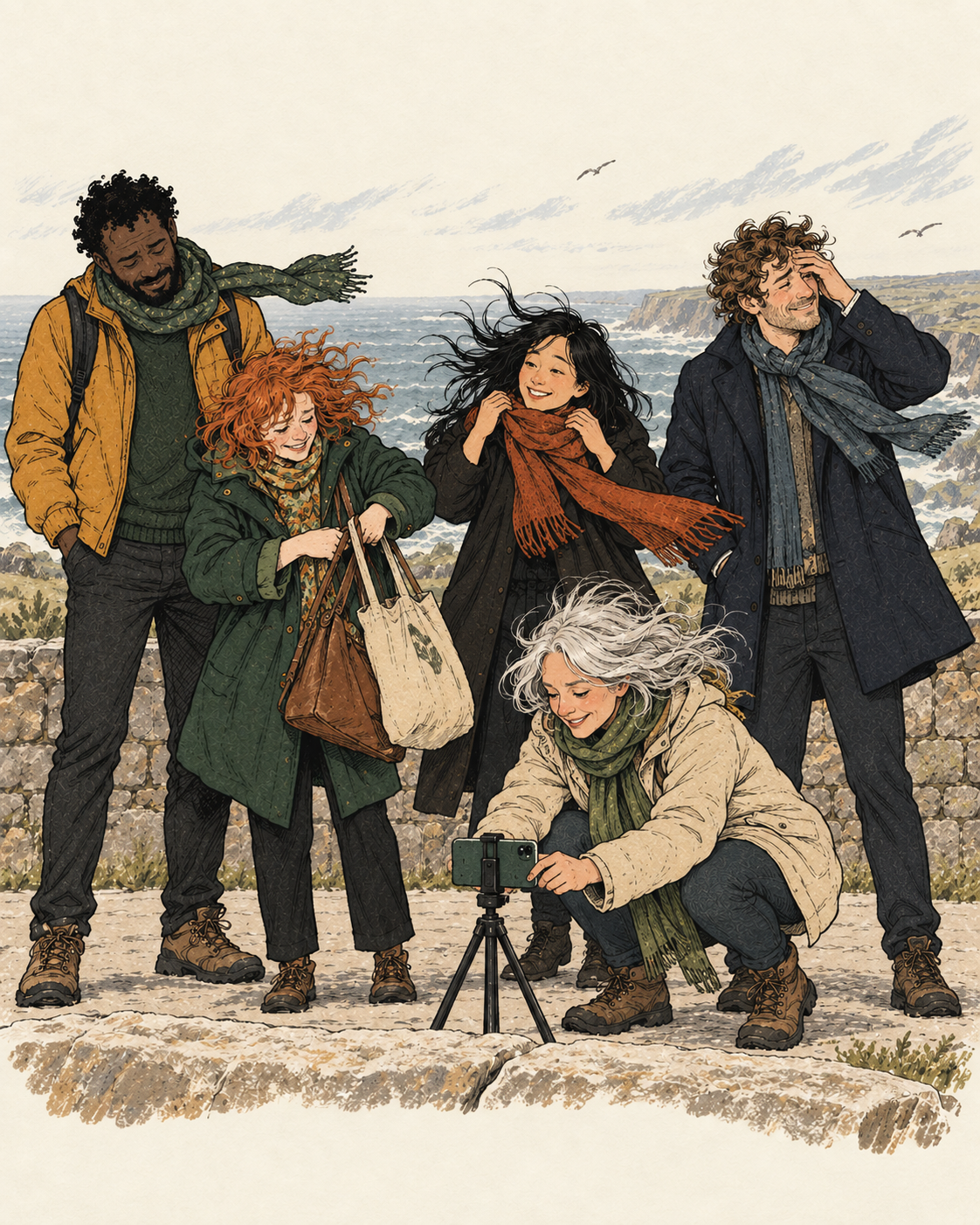 The friends stop posing and return to fixing windblown hair and collecting bags.