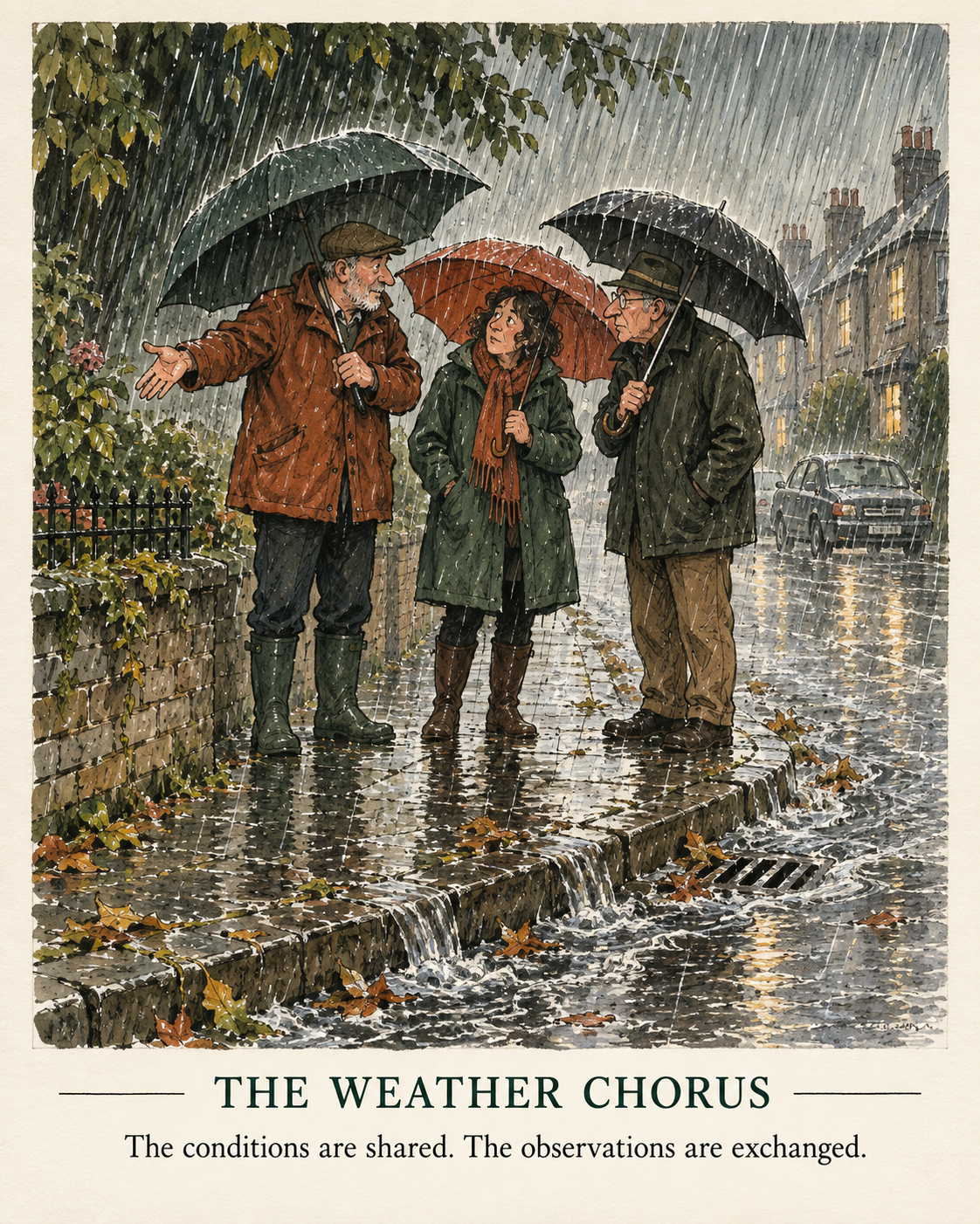 Three neighbours shelter beneath umbrellas and solemnly discuss the rain falling around them.
