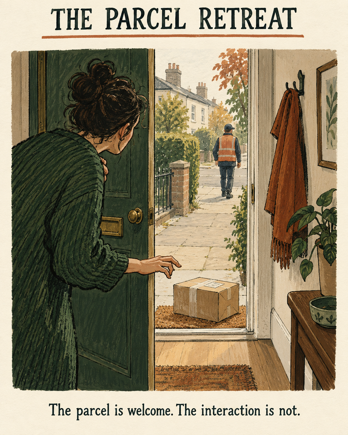 The Parcel Retreat A person hides behind their front door and cautiously reaches for a parcel as the courier walks away.
