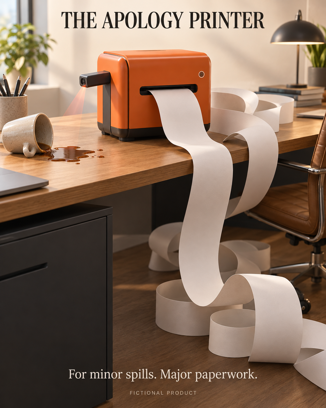 The Apology Printer An orange printer senses a small coffee spill and produces paper that coils across the desk and floor.