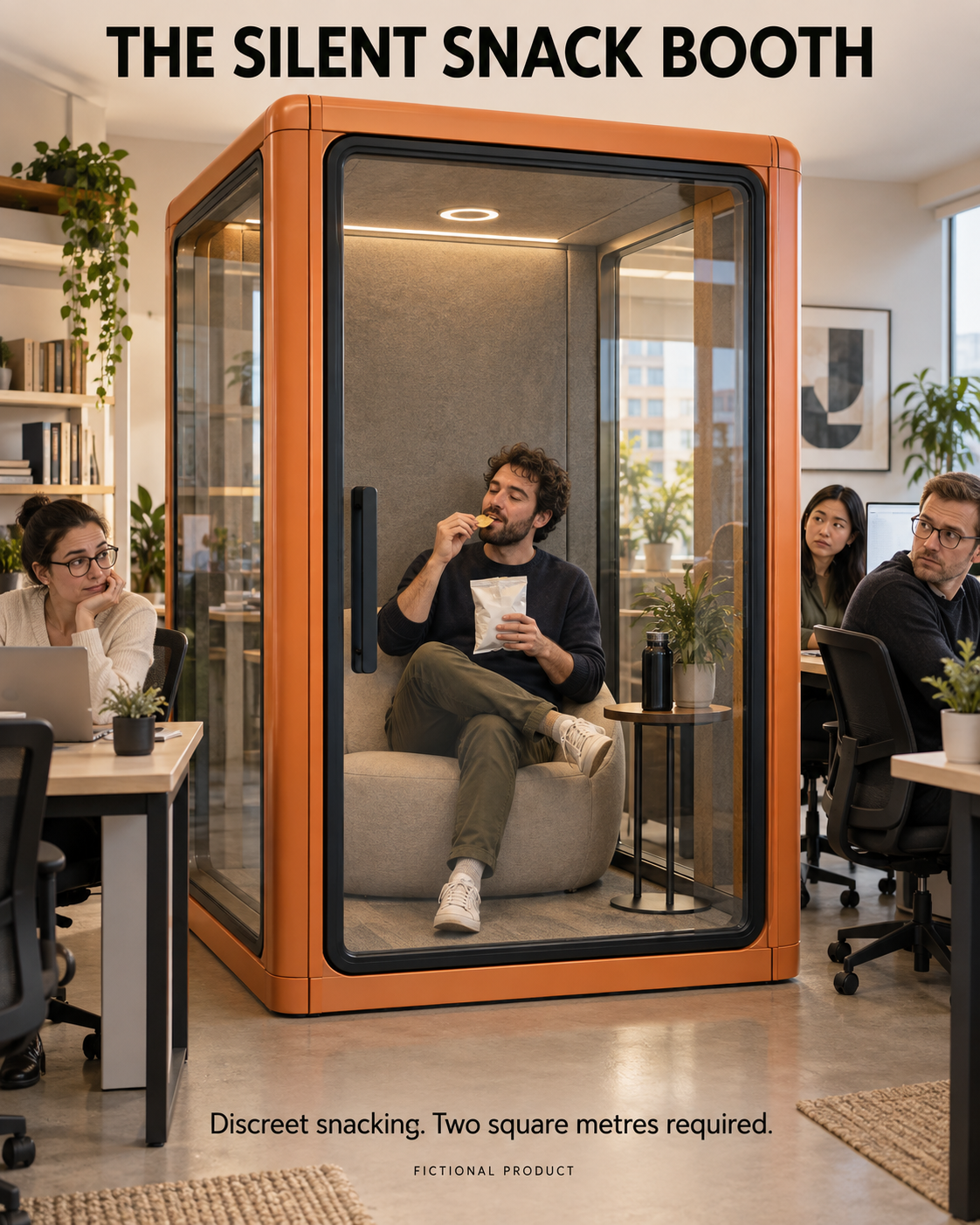 An office worker eats crisps inside an enormous orange soundproof booth while colleagues look on.