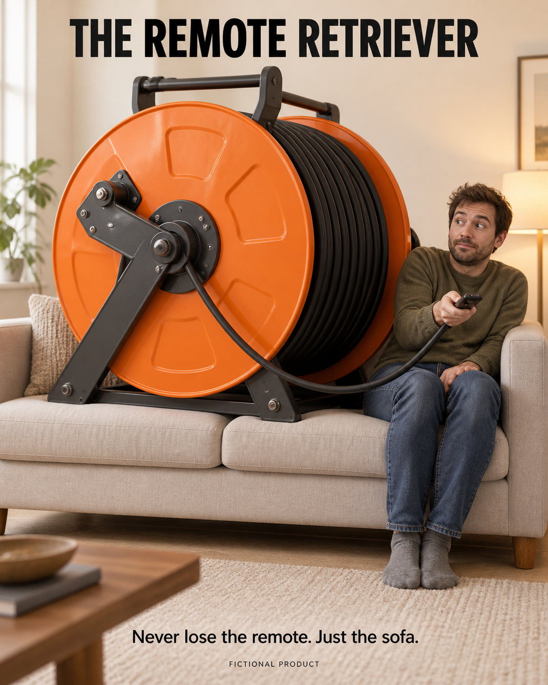 A giant orange cable reel occupies most of a sofa, leaving a person squeezed beside it with a tethered remote.
