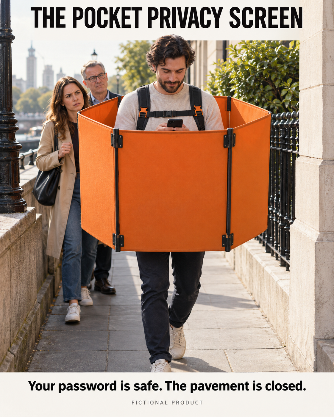 A phone user wears wide orange privacy panels that block a narrow pavement, with pedestrians waiting behind.
