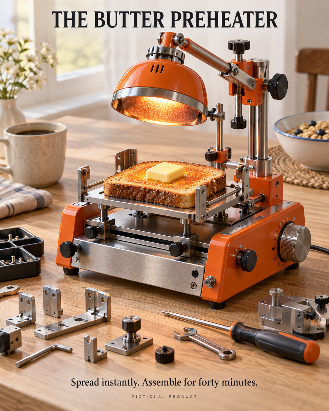 A pat of butter on toast sits under a complex orange warming machine, surrounded by assembly tools.