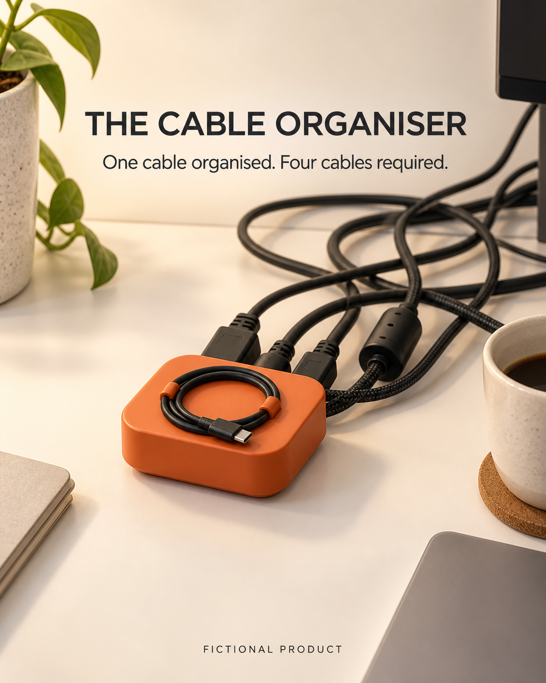 An orange dock neatly holds one short charging cable while four bulky leads tangle behind it.