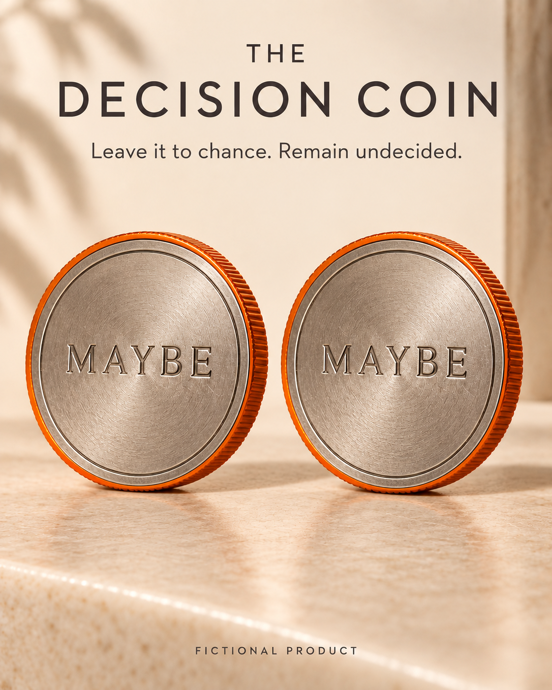 Front and reverse product views of an orange-edged decision coin, both faces engraved MAYBE.