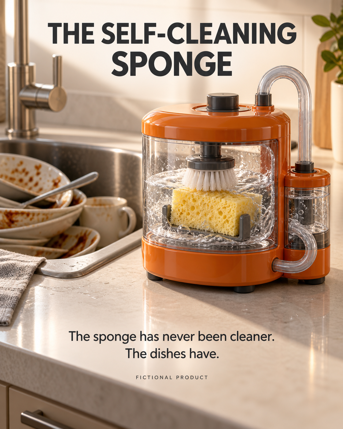 An automatic sponge spa cleans a yellow sponge beside a sink full of dirty dishes.