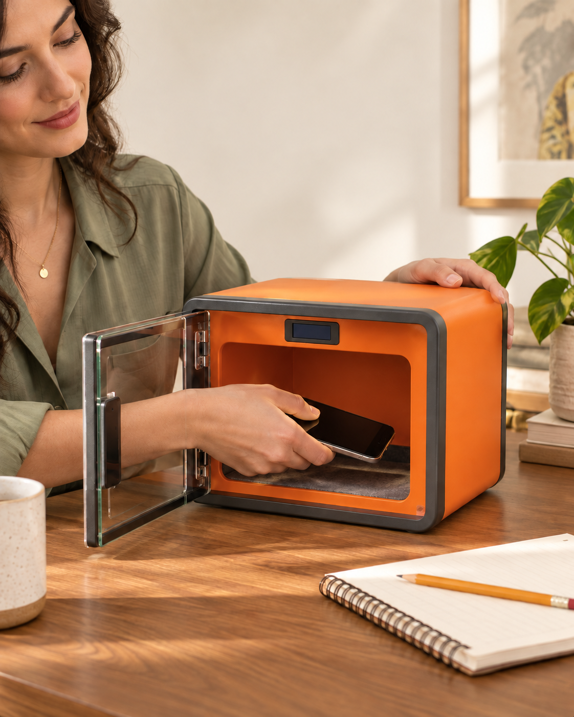 A woman places her phone inside an orange safe with a transparent door.