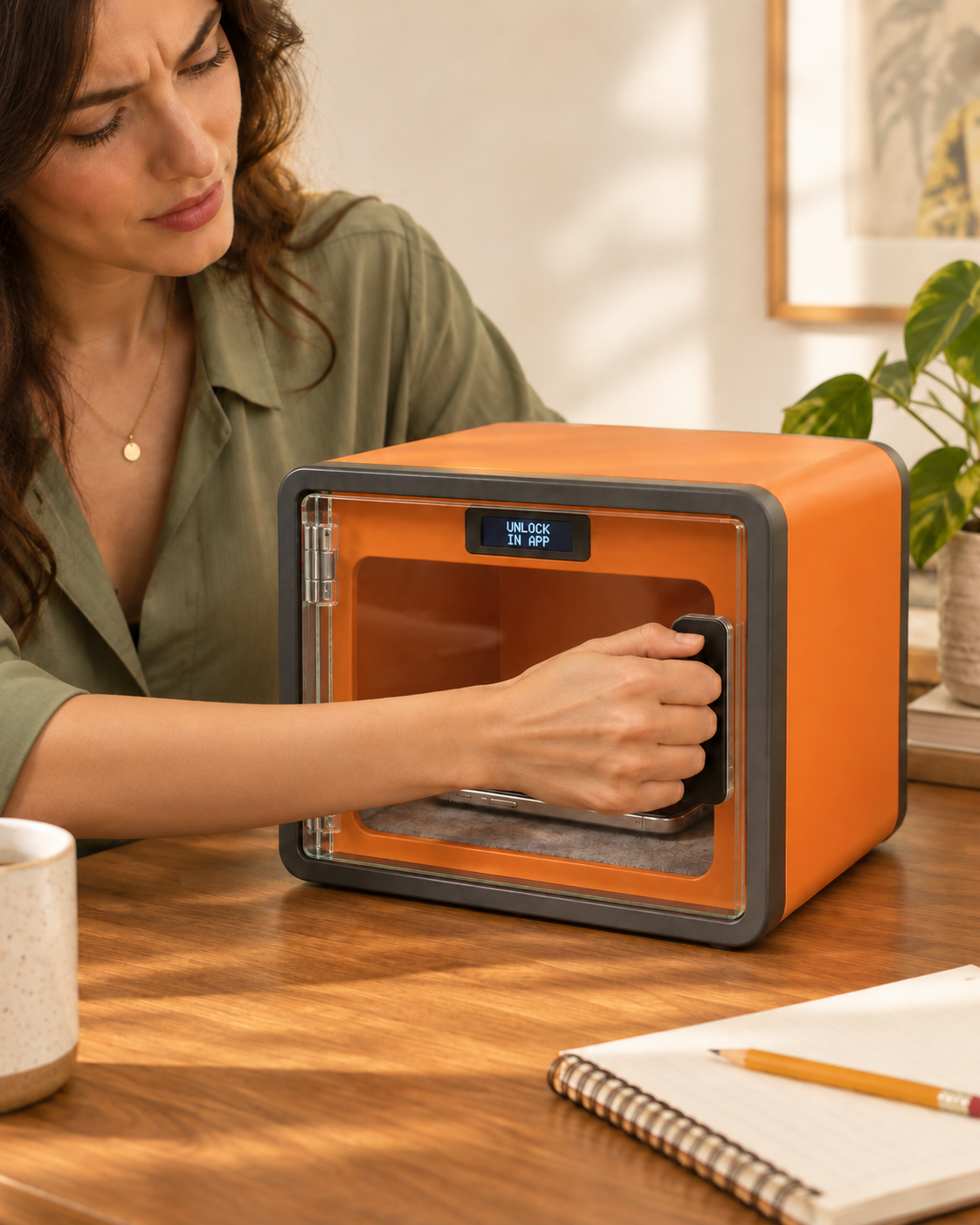 She tries the locked safe handle while its display reads UNLOCK IN APP; her phone remains trapped inside.