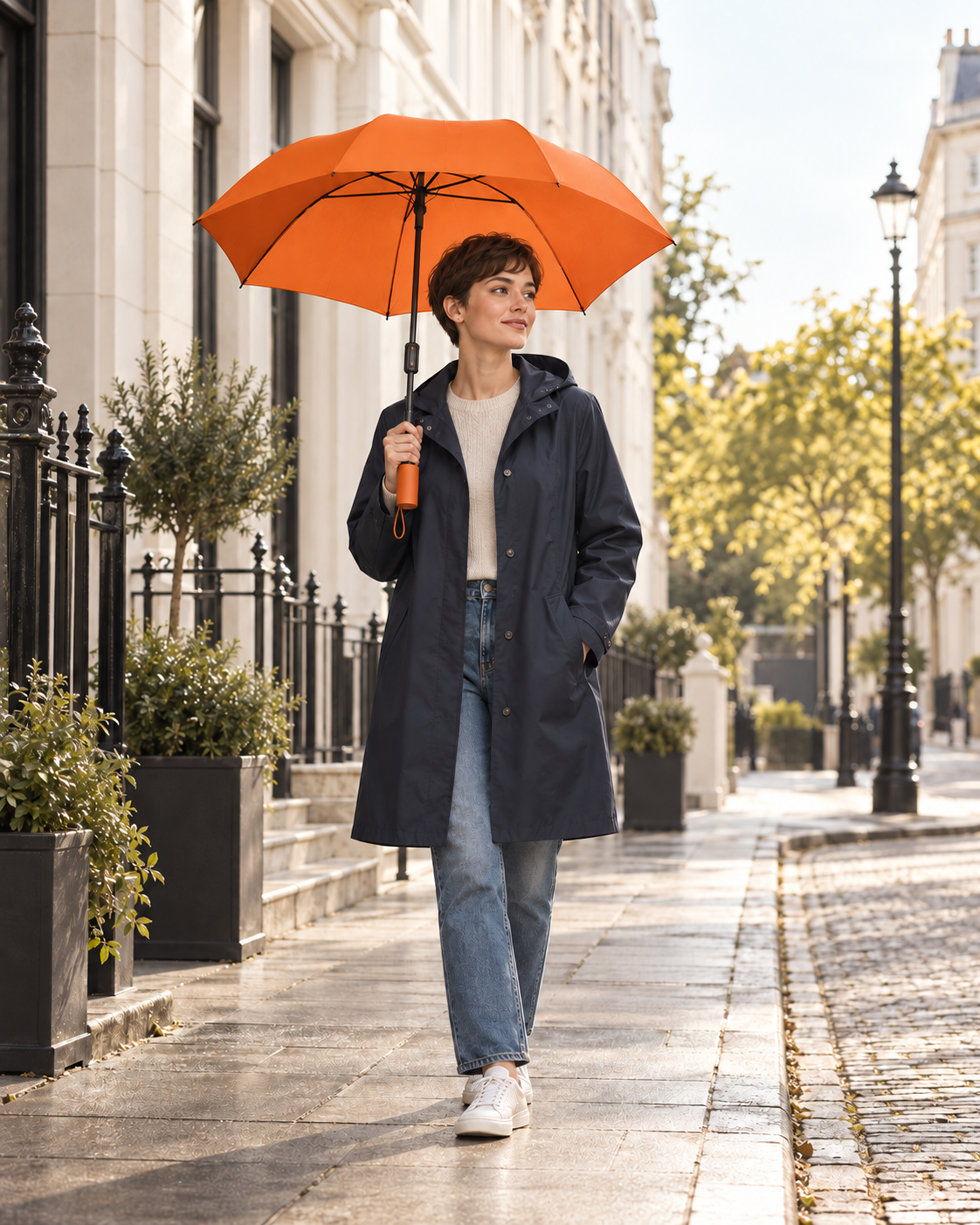 A woman holds an open orange smart umbrella on a dry street.