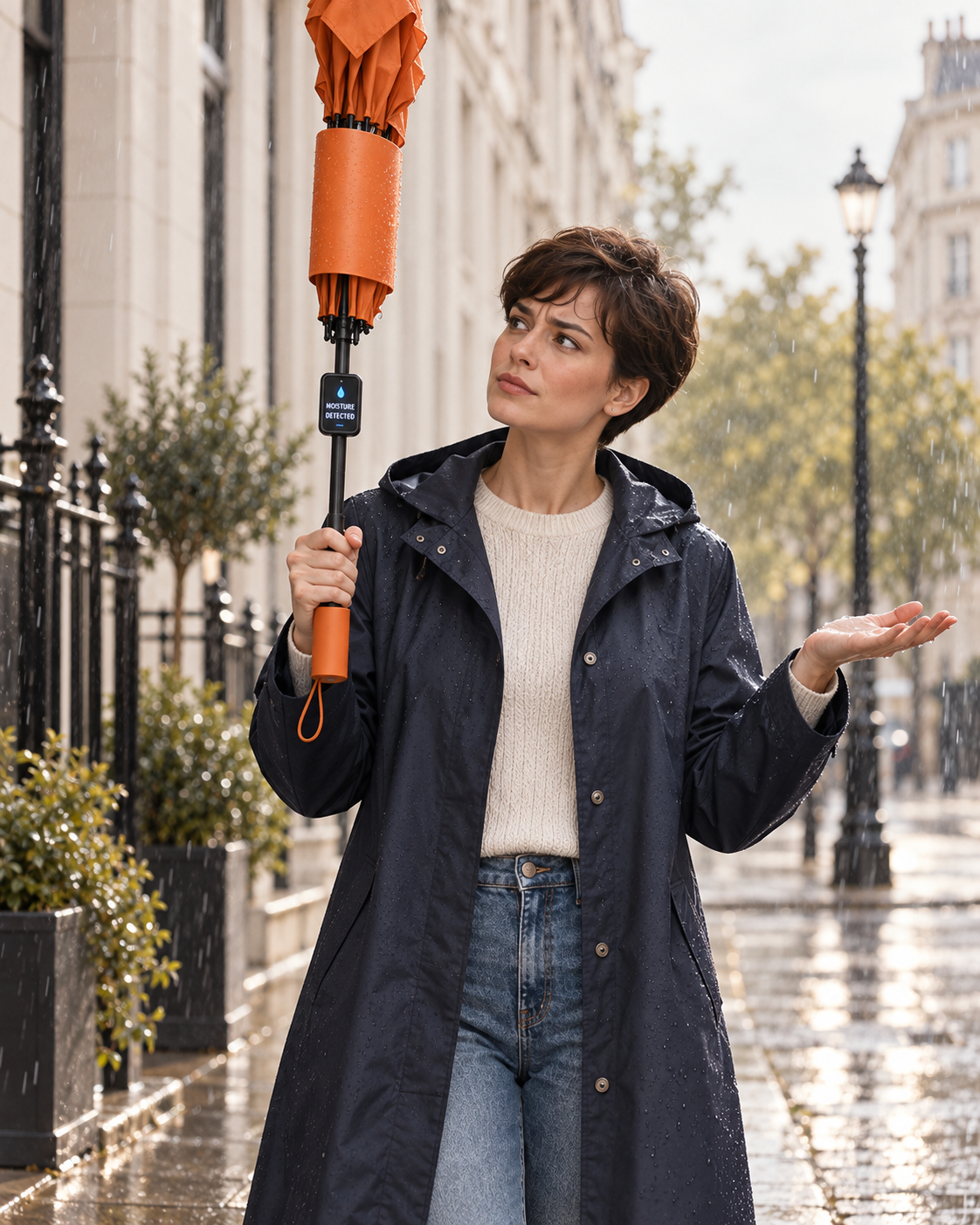 Rain triggers the umbrella's MOISTURE DETECTED sensor as the canopy folds into a protective sleeve.