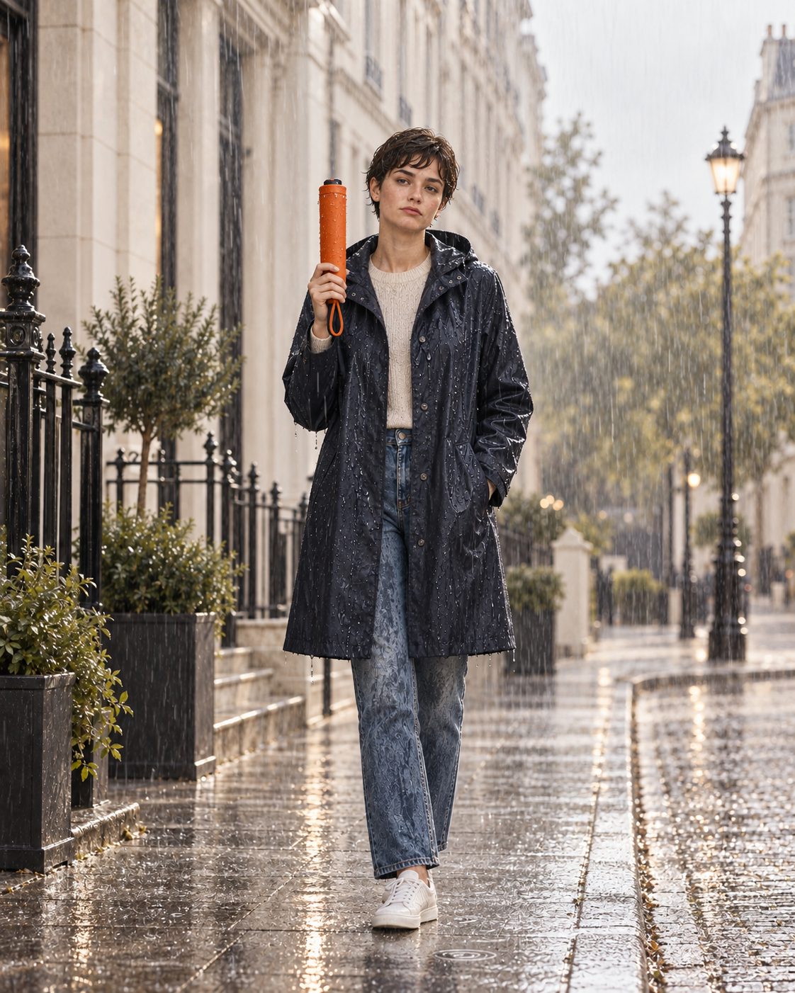 The soaked woman holds the now-closed umbrella, protected inside its orange waterproof sleeve.