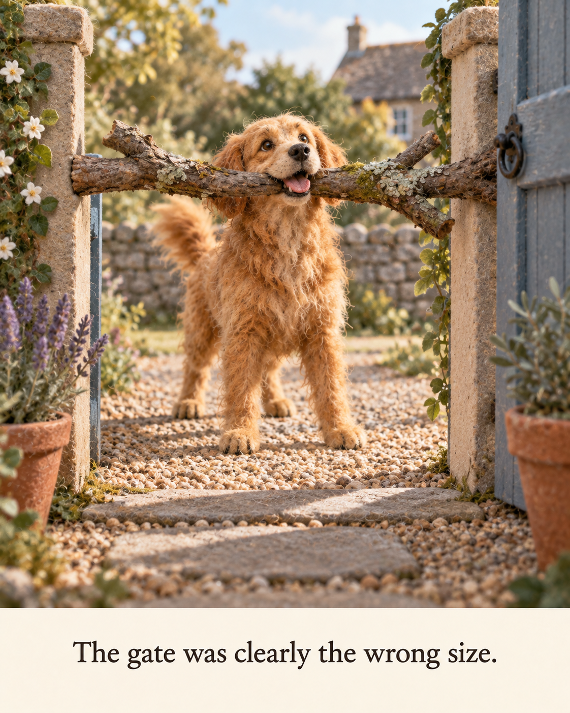 A proud felt dog holds a branch wider than the open garden gateway, with both ends blocked by its posts.