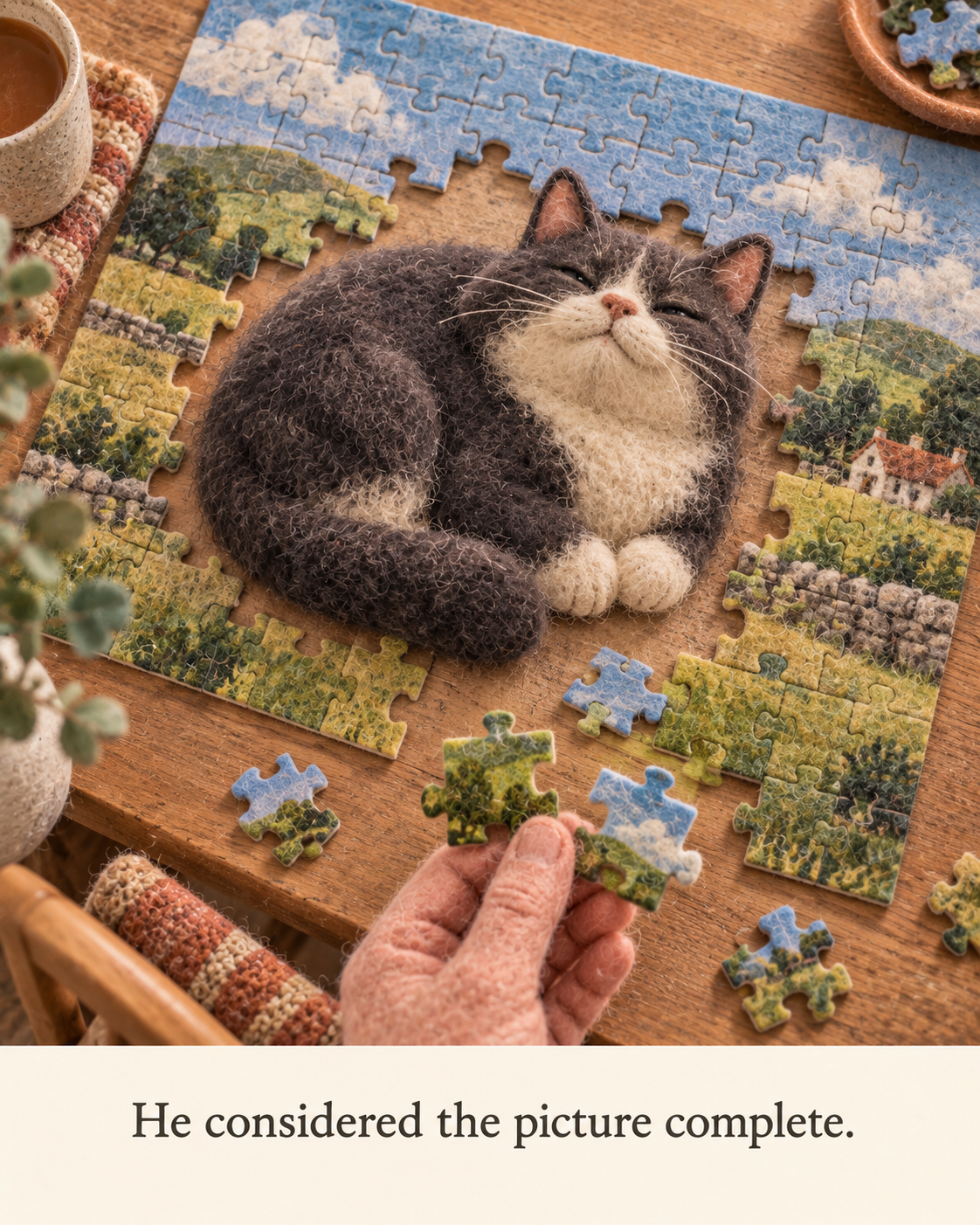 A contented felt cat occupies the unfinished middle of a jigsaw while a human holds the remaining pieces.