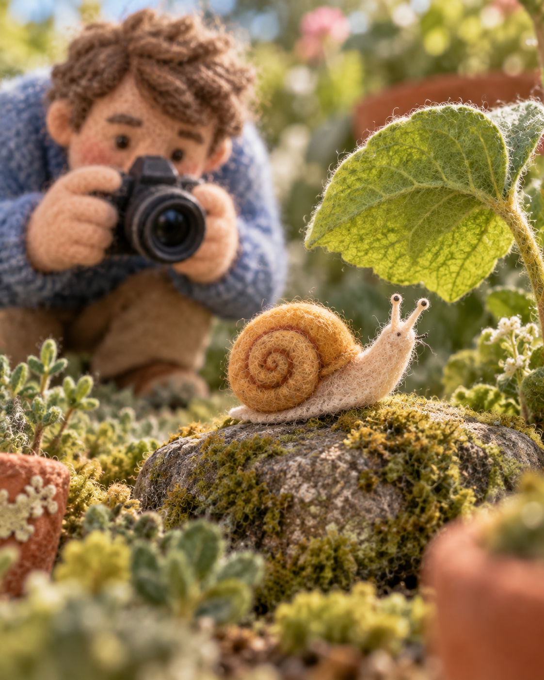 A garden photographer frames a felt snail against a broad green leaf.