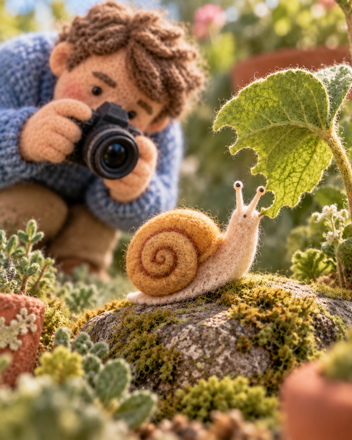 The snail eats scalloped bites from the leaf as the photographer adjusts the camera.