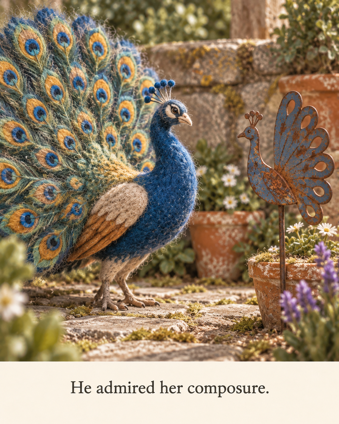 A felt peacock displays his magnificent tail to an unresponsive metal peacock garden ornament.