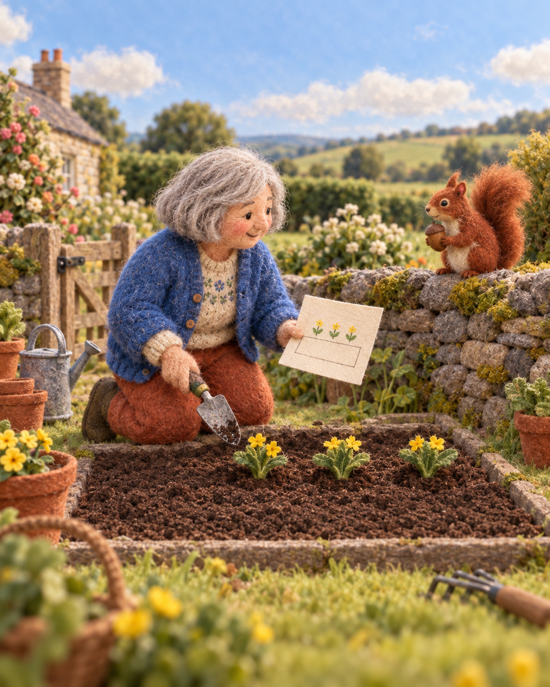 A gardener plans yellow flowers while a squirrel watches with an acorn.