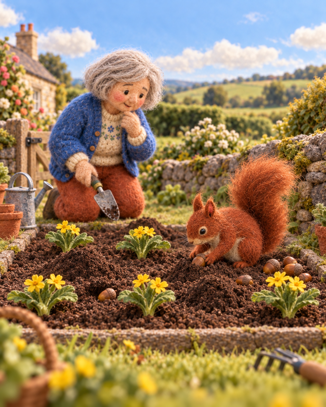 The squirrel buries acorns among the flowers as the gardener pauses.