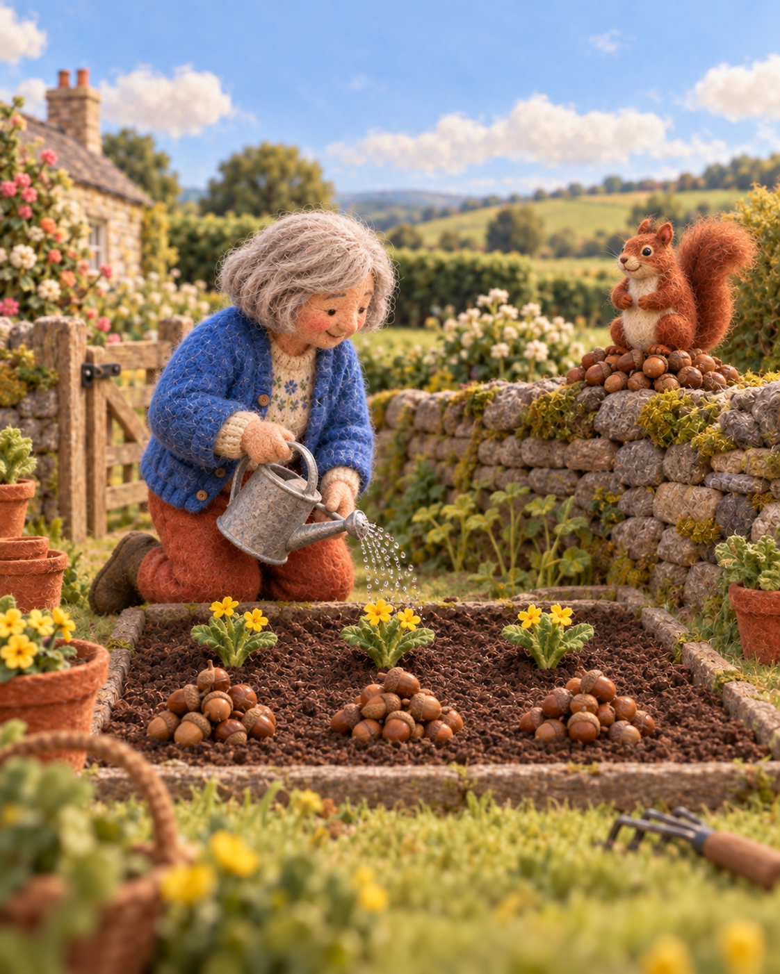 The squirrel surveys its acorn stores while the gardener waters the flowers.
