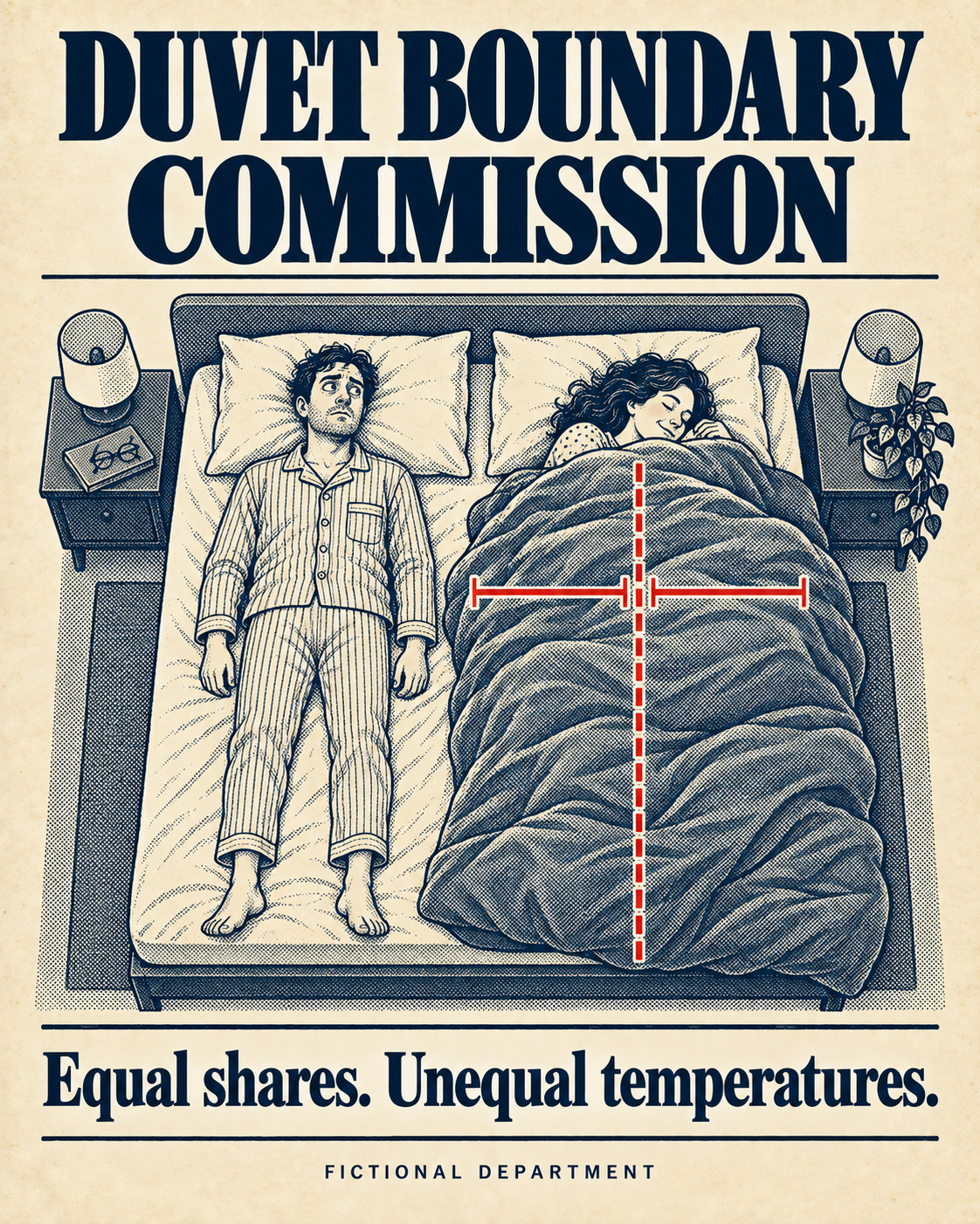 A fictional official poster measures equal halves of a duvet pulled onto one sleeper, leaving the other uncovered.