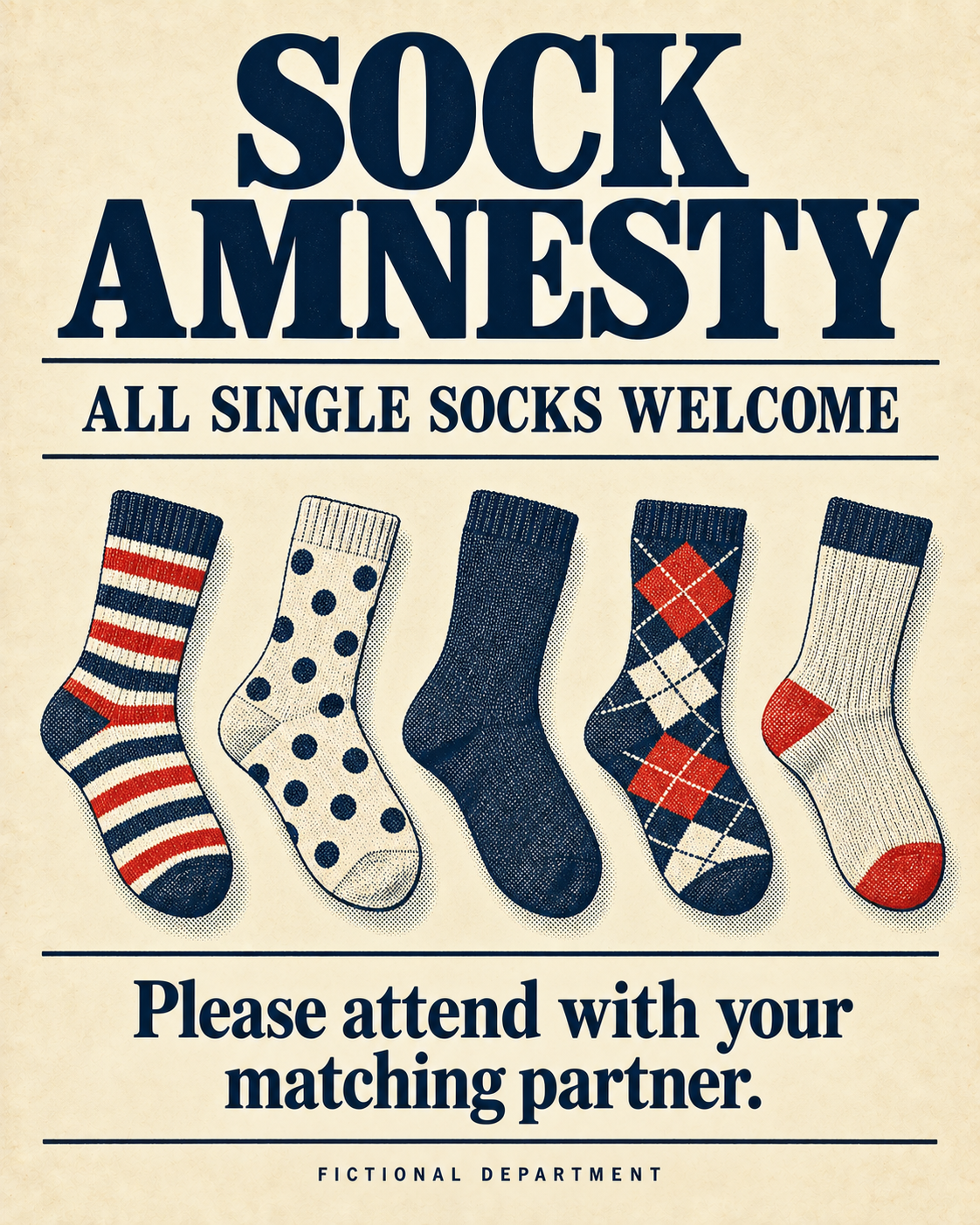 A fictional sock amnesty welcomes single socks but requires applicants to bring their matching partner.