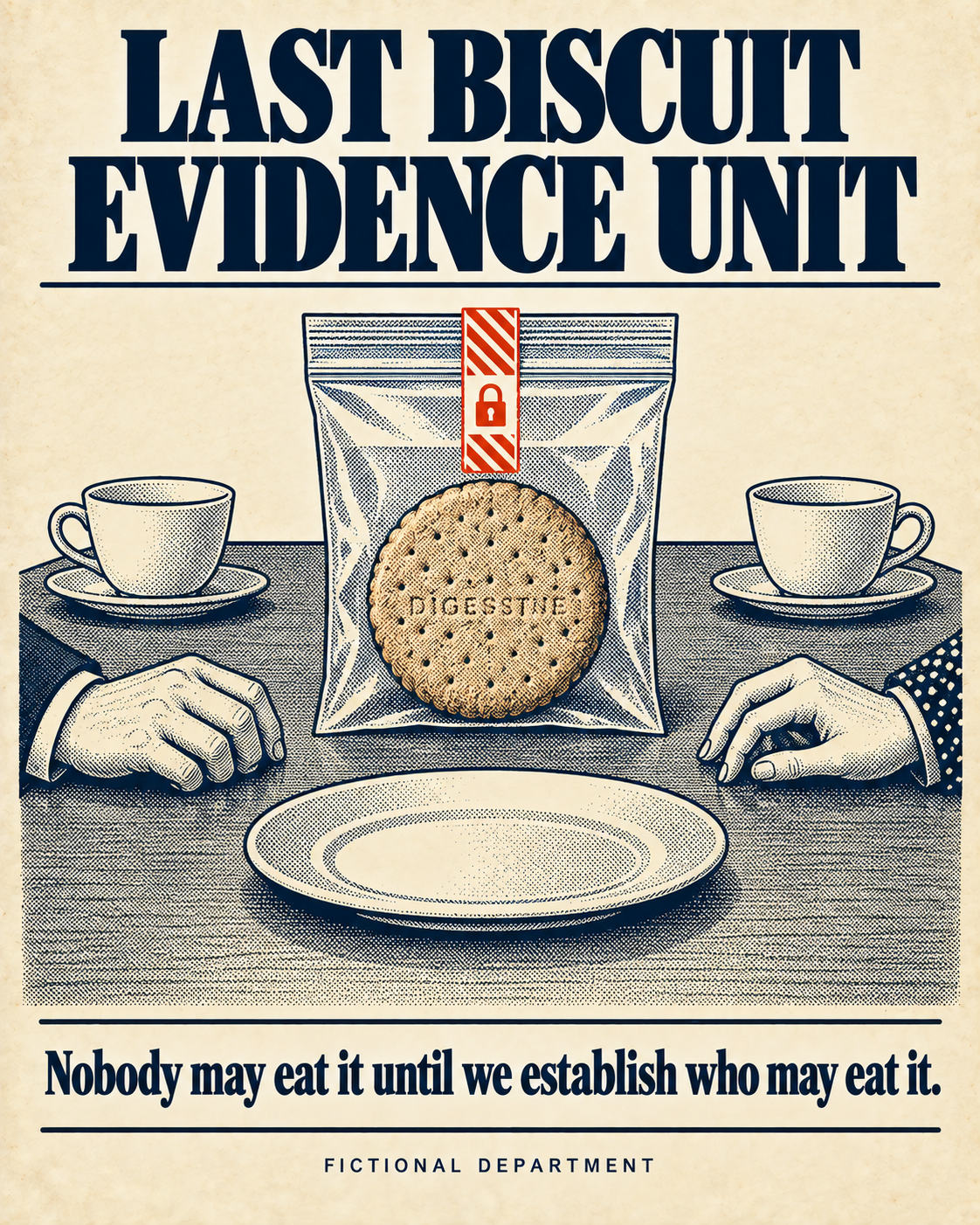 The last biscuit is sealed in an evidence bag above an empty plate, between two waiting hands.